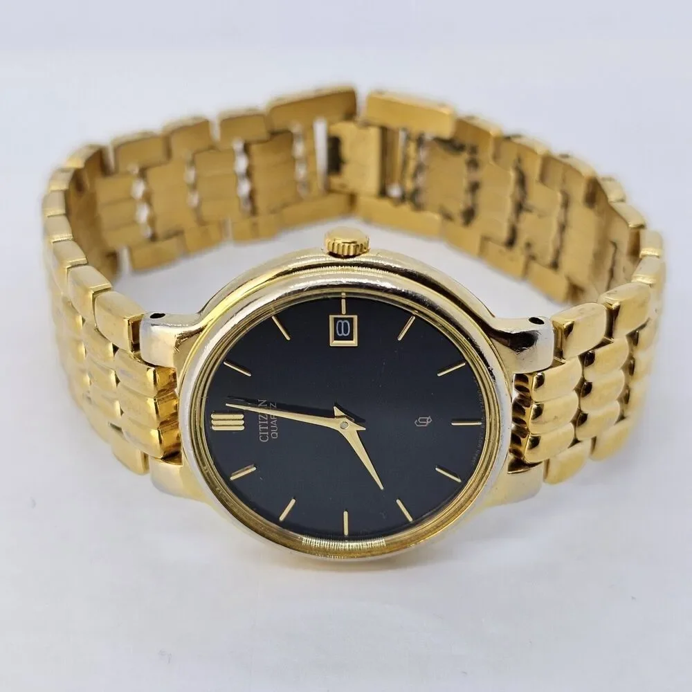 VTG Citizen CQ Women's Watch 32MM Black Dial Date Gold Bracelet 7.5